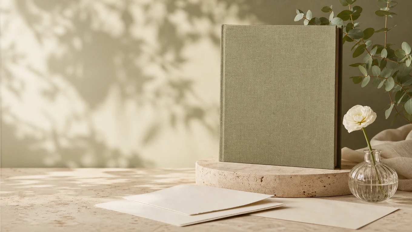 Sage linen folio and cream papers on a sunlit stone pedestal, with white flowers